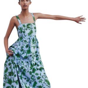 Zara Green and Blue Floral Print Strappy Long Dress w/Pockets